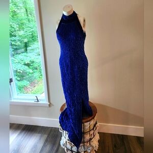 Vintage Sz M 100% Silk High Neck Blue Sequin Dress